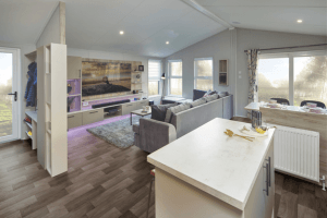 The Willerby Mapleton view of the lounge and kitchen island.