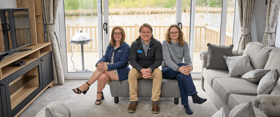 Willerby Business Development Manager Gemma Pudsey, centre, with Darren Williams, General Manager at Pinewoods Holiday Park, and Sue Pennington, Sustainability Manager at Pinewoods, at the Willerby All-E Dorchester on the site.