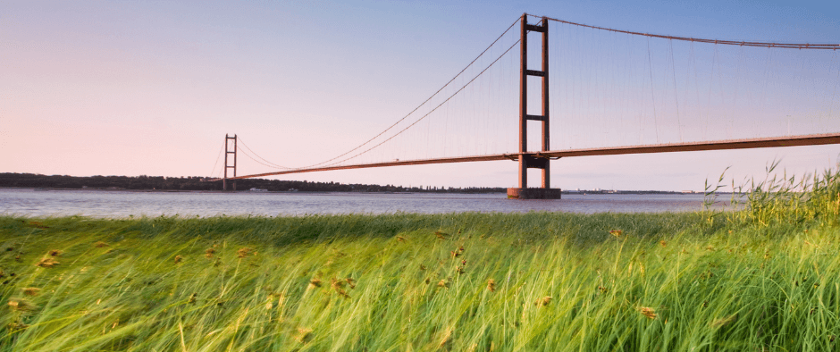 Image of Humber bridge with blue and pink sky