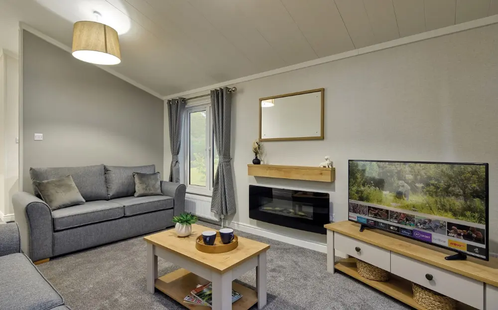 Inside the Willerby New Forest park home. It has a comfortable sofa and large TV. 