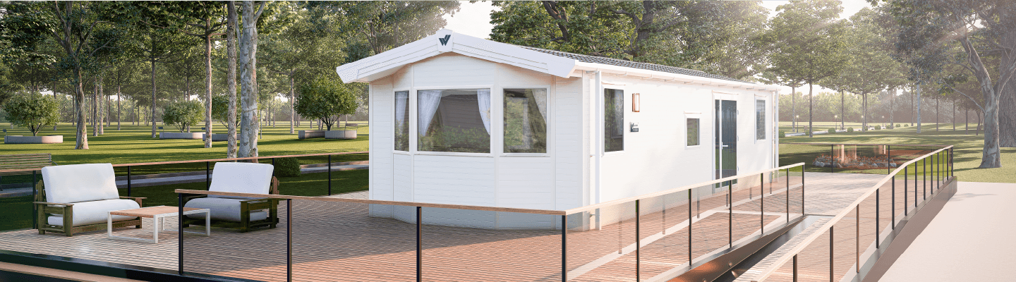 The Willerby Richmond exterior in white with an accessible brown decking.