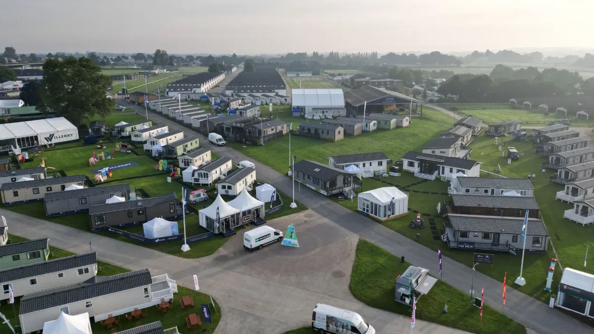 Aerial view of the Great Holiday Home Show in Harrogate, UK. Lots of static caravans are available to view on a large showground.