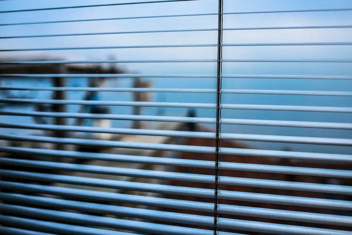 View from a static caravan through Venetian blinds