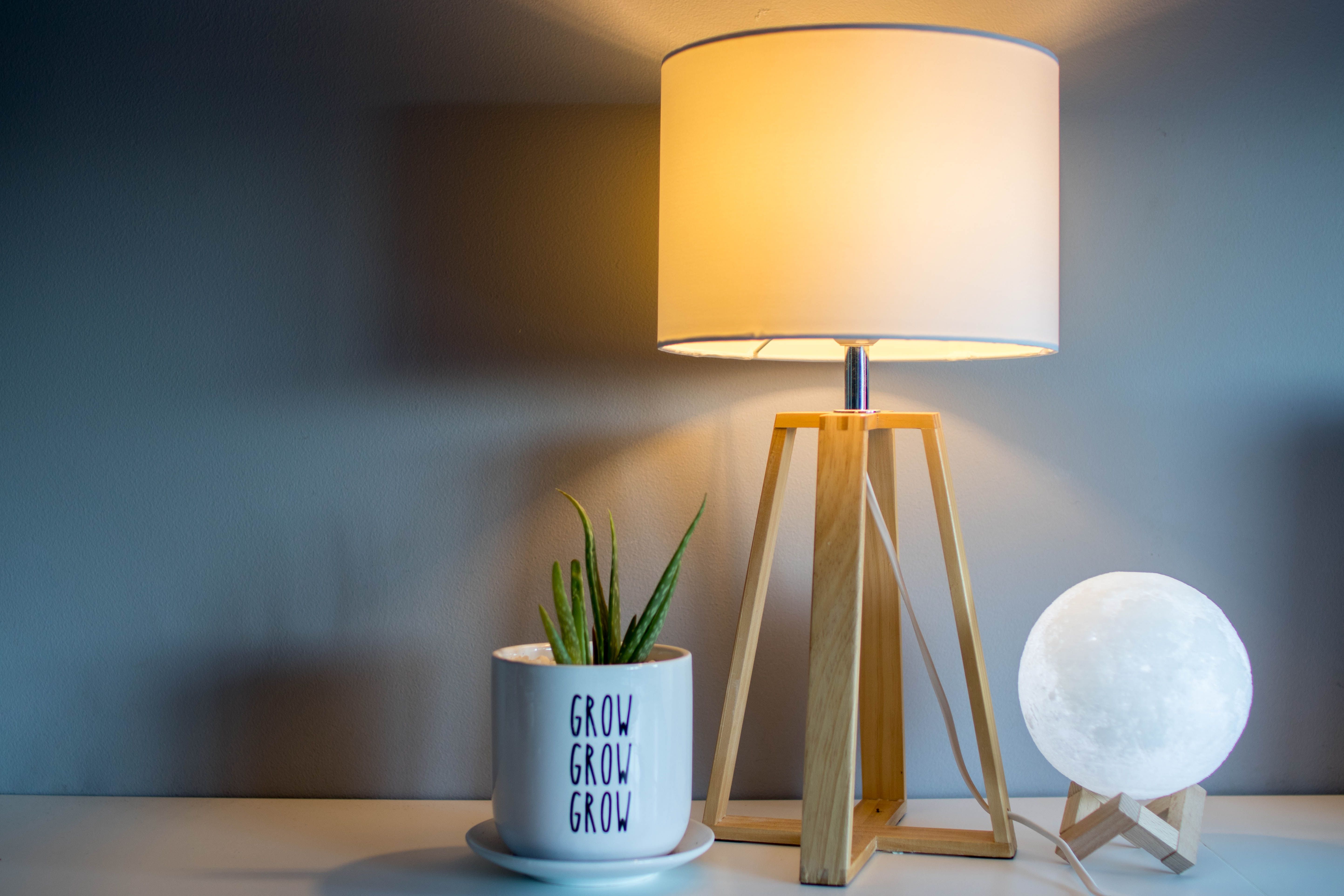 Smart lamp with small plant and moon lamp against a blue caravan wall