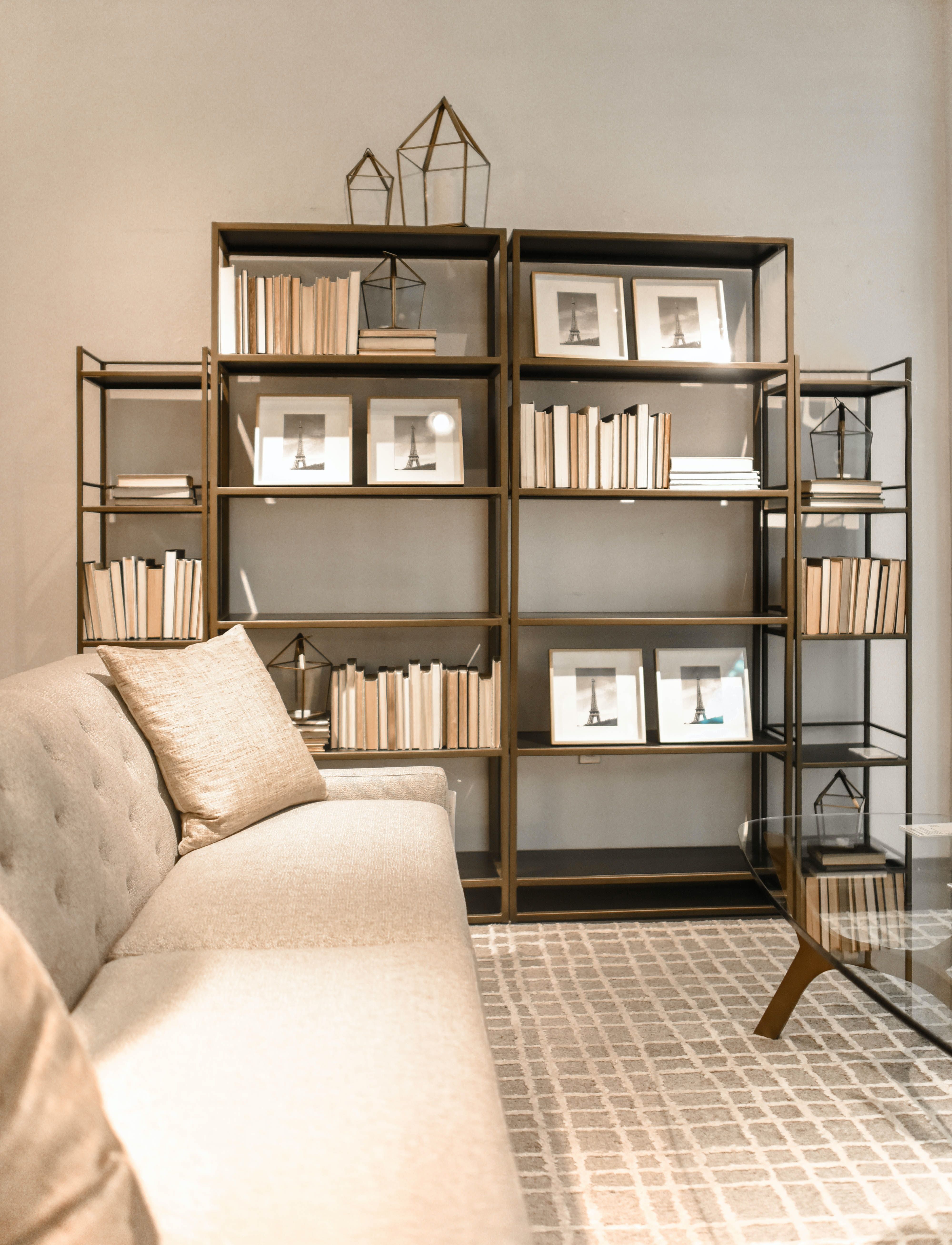 Beautiful freestanding shelves with books and pictures in luxurious static caravan