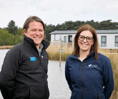 Pinewoods Holiday Park General Manager Darren Williams and Willerby Business Development Manager Gemma Pudsey. A pioneering all-electric Willerby model has been sited at the luxury park on the North Norfolk coast.
