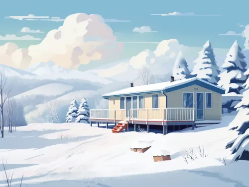 Illustration of a stylish modern holiday home on a snowy hillside following winter preparation and winterisation. 