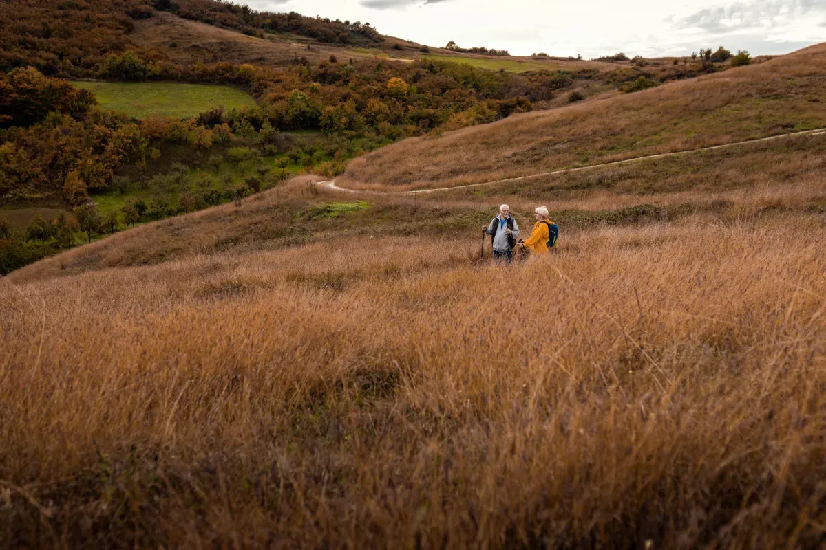 An older couple with backpacks hiking in a beautiful, hilly autumnal landscape