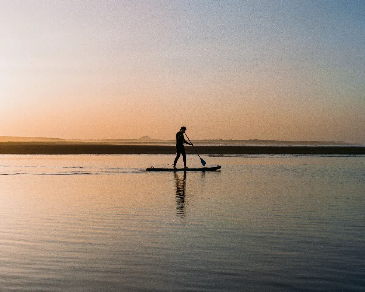 A standup paddleboarder silhouetted against a golden sky