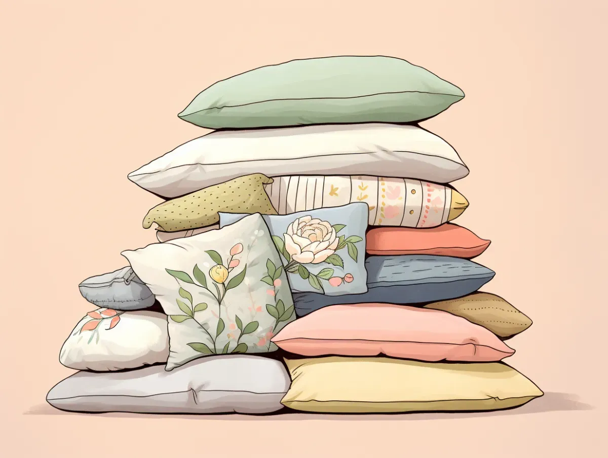 Illustration of a pile of cushions stacked in the middle of a static caravan ready for winter. 