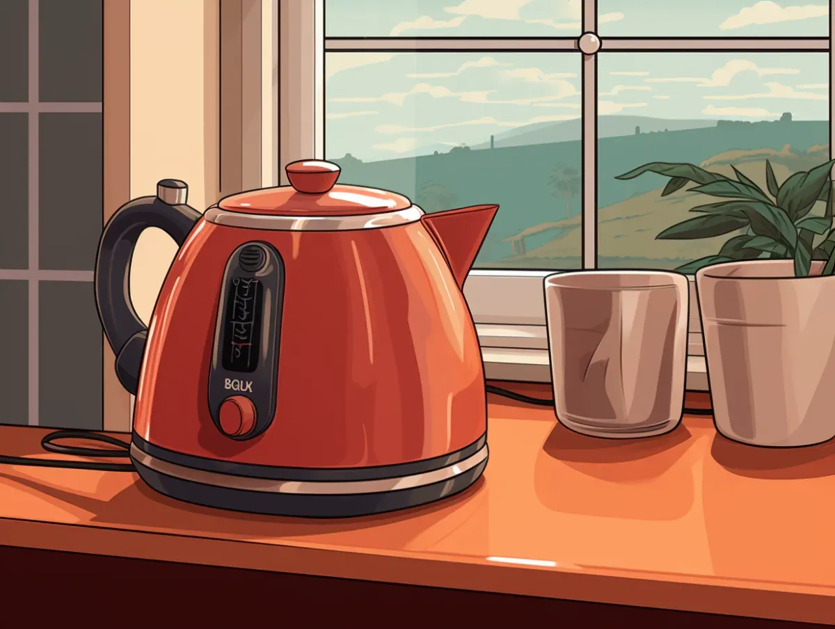 Illustration of a kettle on a static caravan worktop with a nice view out of the window. It’s waiting to be unplugged and removed in preparation for winter. 