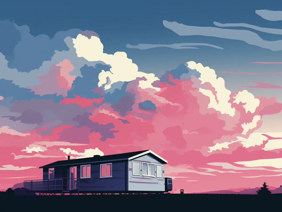 Illustration of a static caravan silhouetted against a cloudy sunset sky. 