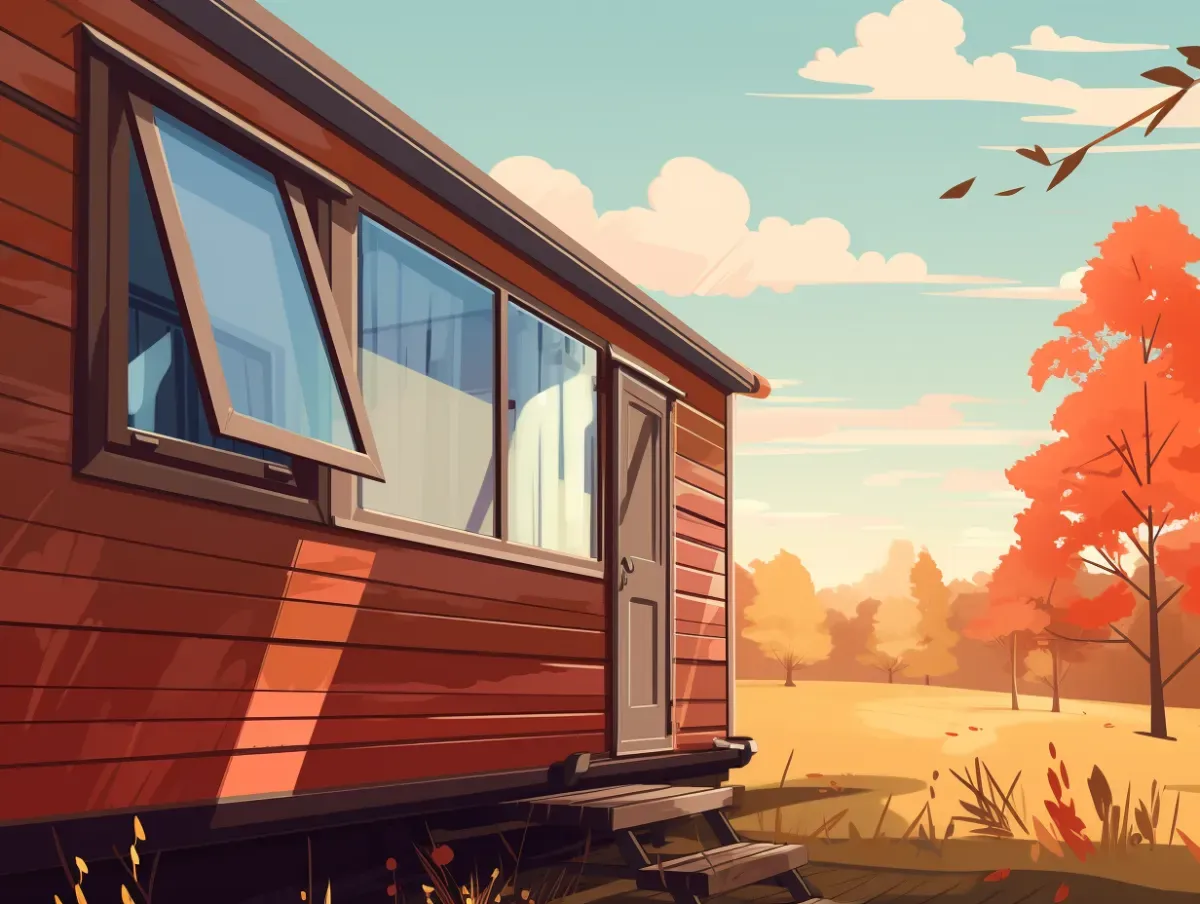 Illustration of a static caravan in autumn with the windows open to help air it out in preparation for winter. 
