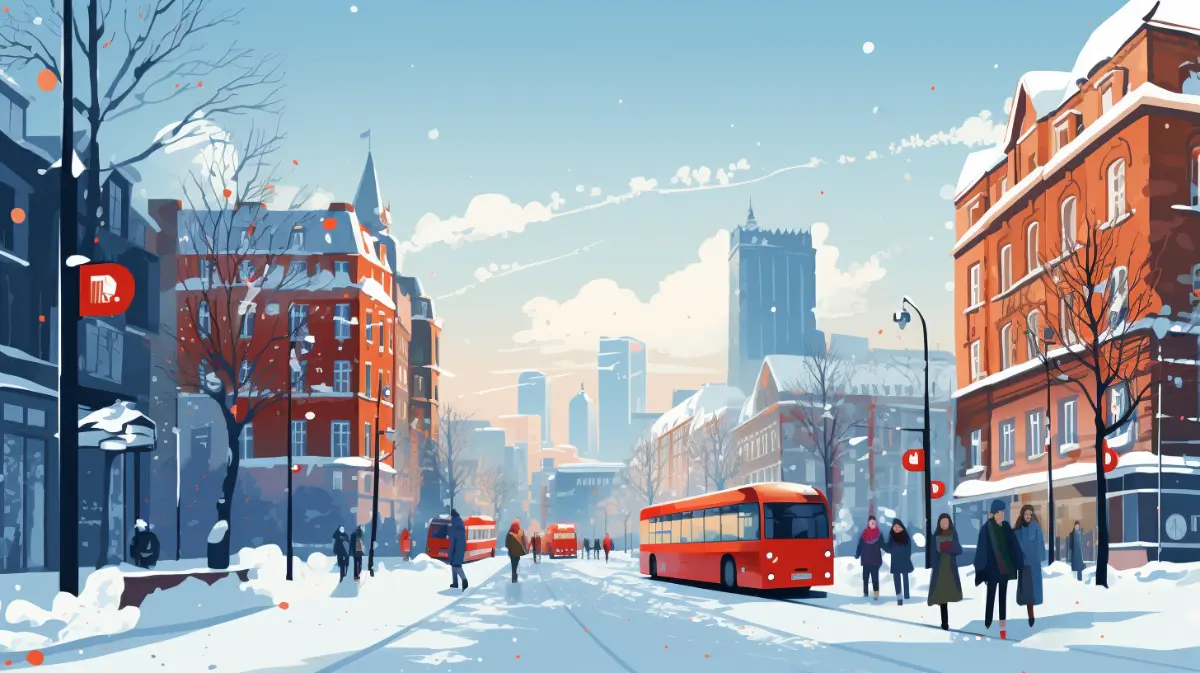  Wintery city with a covering of snow and red buses